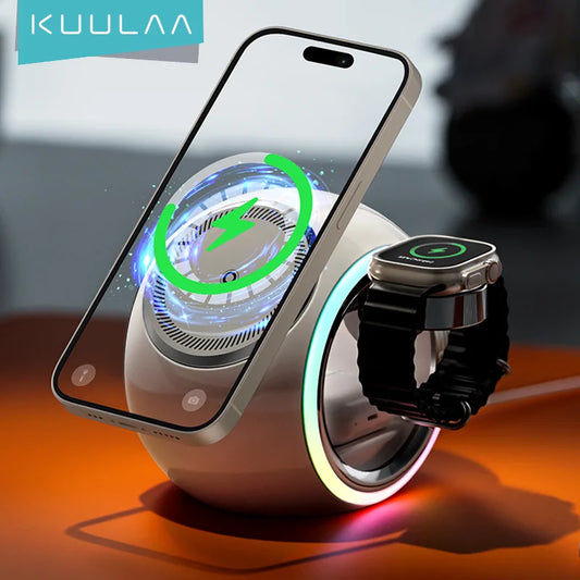 KUULAA 3 in 1 Wireless Charging Stand for iPhone 15 4 Color Changing LED Light Magnetic Wireless Charger for AirPods/Watch