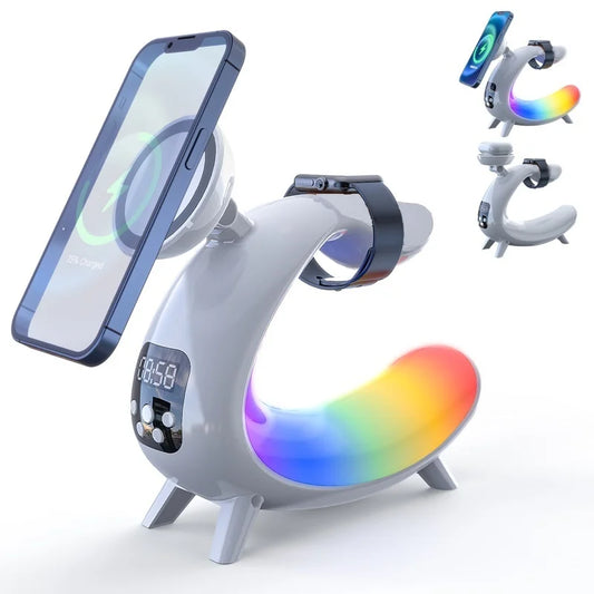 6IN1 Alarm Clock Magnetic Wireless Charger for Iphone 15 14 13 12 Bluetooth Speaker RGB Night Light  for Airpods Pro Apple Watch
