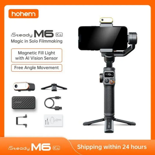 Hohem-iSteady M6 Kit Gimbal for Smartphone, 3-Axis Gimbal, AI Tracker, Fill Light, for iPhone 15 Pro Max and Android Stabilizer