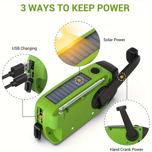 Portable Emergency Radio with Power Bank, 2000mAh Lithium Battery, AM/FM/NOAA Weather Band, Hand Crank & Solar Charging, USB Rechargeable, 3 LED Flashlight, Non-Waterproof, for Indoor Outdoor Camping