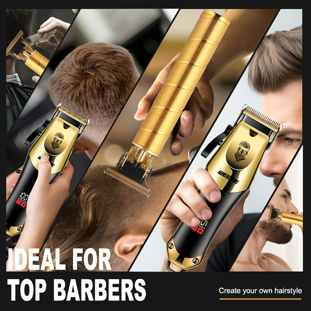 3pcs/set Professional Golden Hair Clipper And Trimmer Set For Men - USB Rechargeable Haircut Kit With LCD Display, Including Electric Shaver, T-Blade Trimmer, 8pcs Limit Combs, 3pcs USB Cables, 3pcs Cleaning Brushes, And Comb